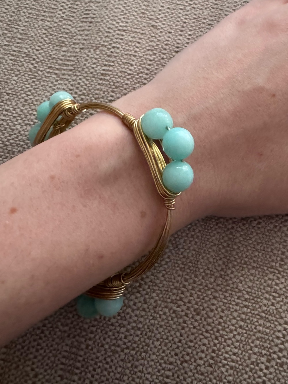 Gold Wire Bracelet with Light Aqua Beads - Women Jewelry